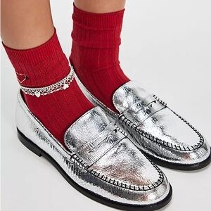 Free People Blanket Stitch Loafers Pale Pewter Leather US 7.5